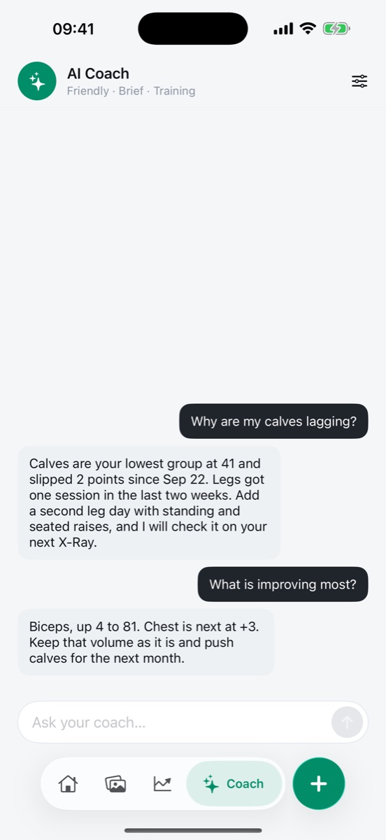 AI Coach chat: calves are the lowest group at 41, add a second leg day; biceps are the top gainer, up 4.
